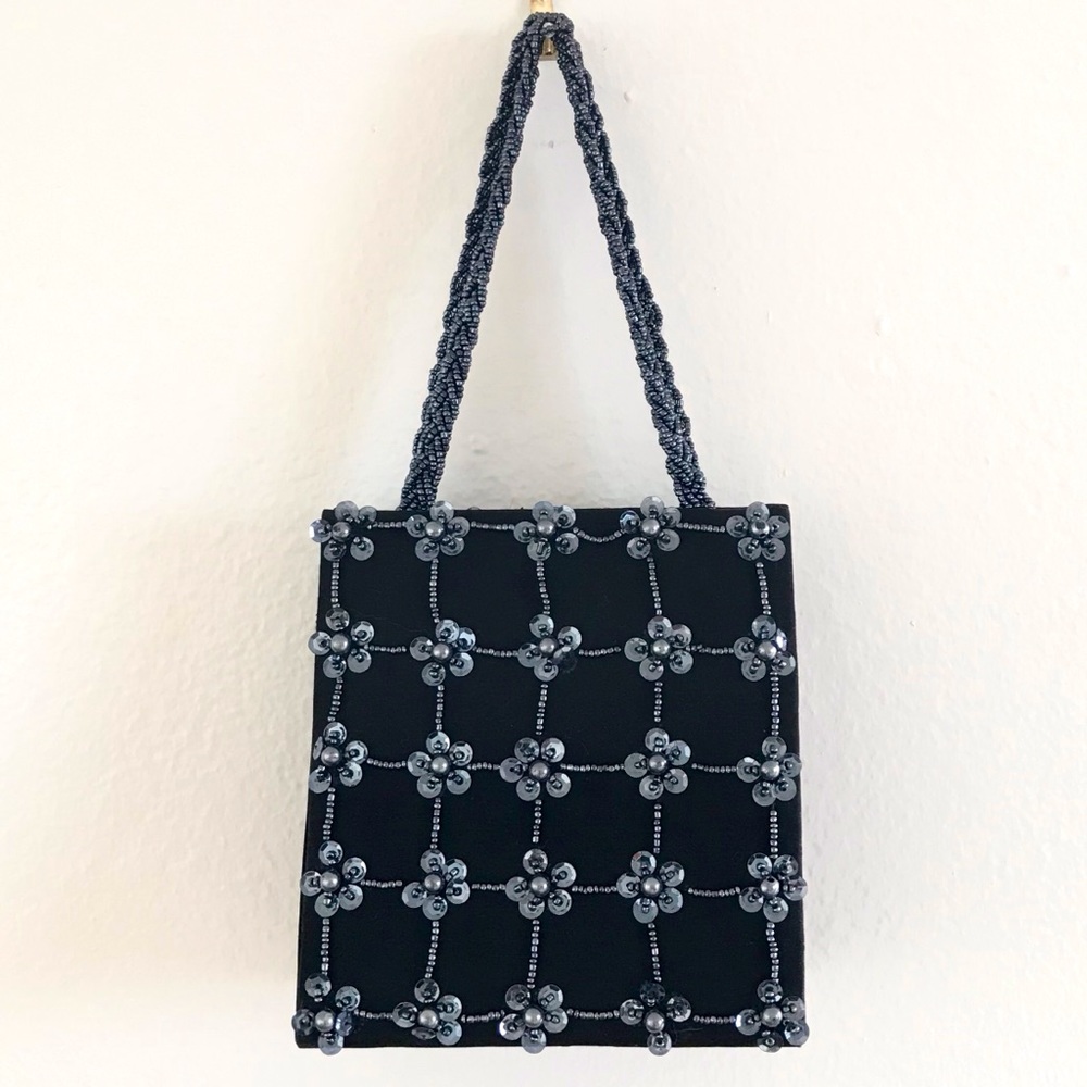 Vintage Beaded Navy Hand Bag with Shoulder Strap